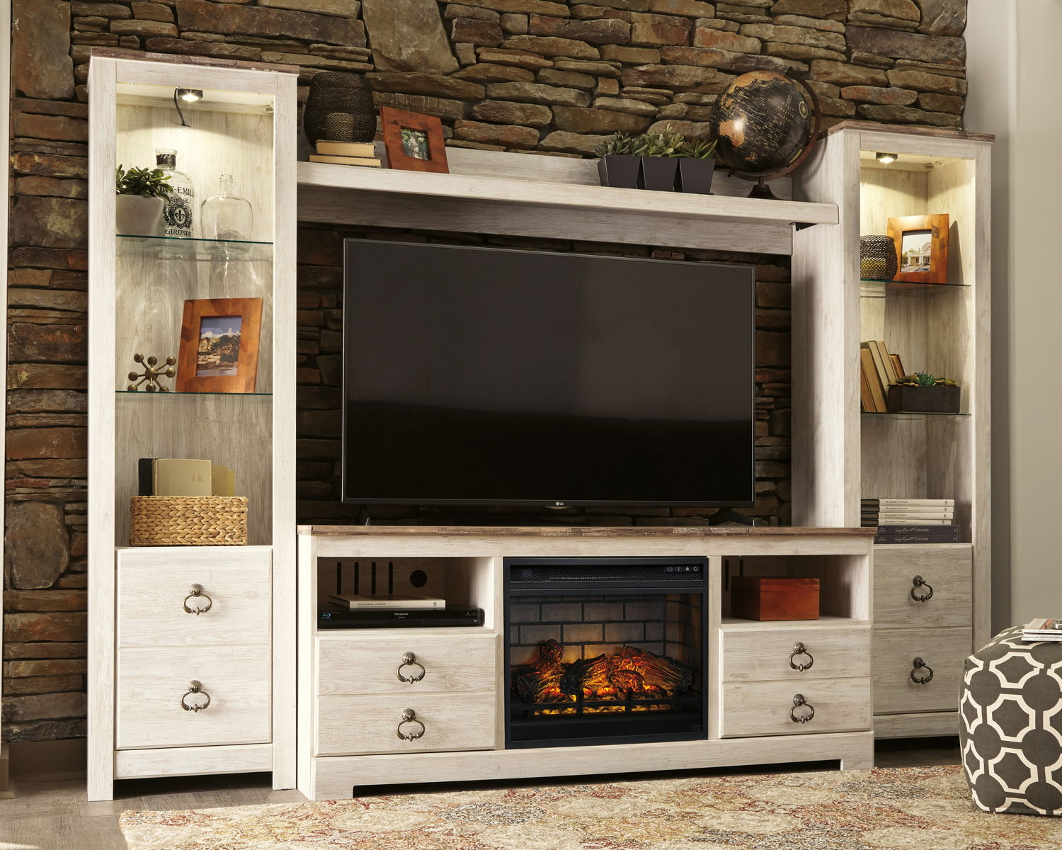 Willowton – Whitewash – Entertainment Center – TV Stand With Faux Firebrick Fireplace Insert