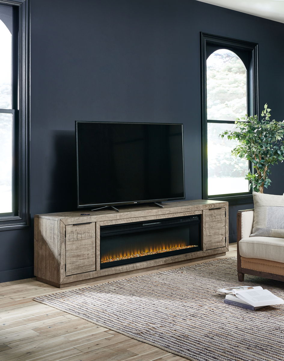 Krystanza – Weathered Gray – TV Stand with Wide Fireplace Insert