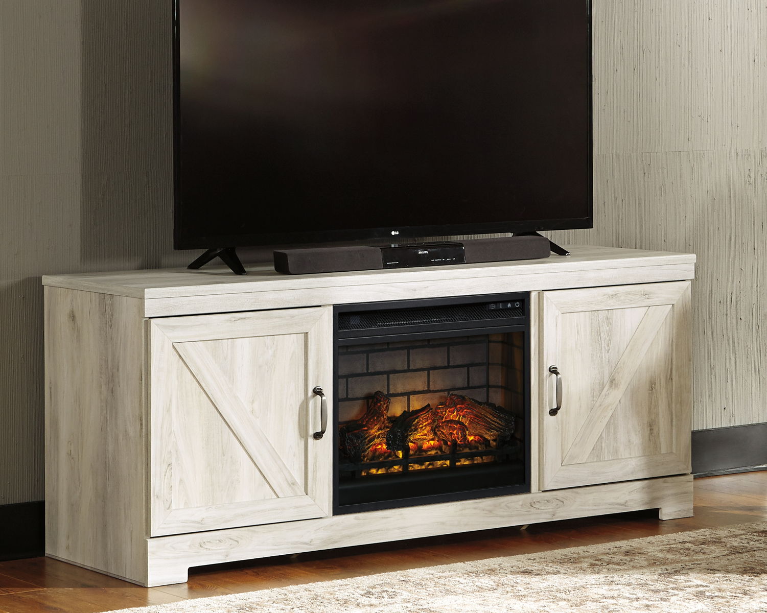 Bellaby – Whitewash – 63″ TV Stand With Faux Firebrick Fireplace Insert