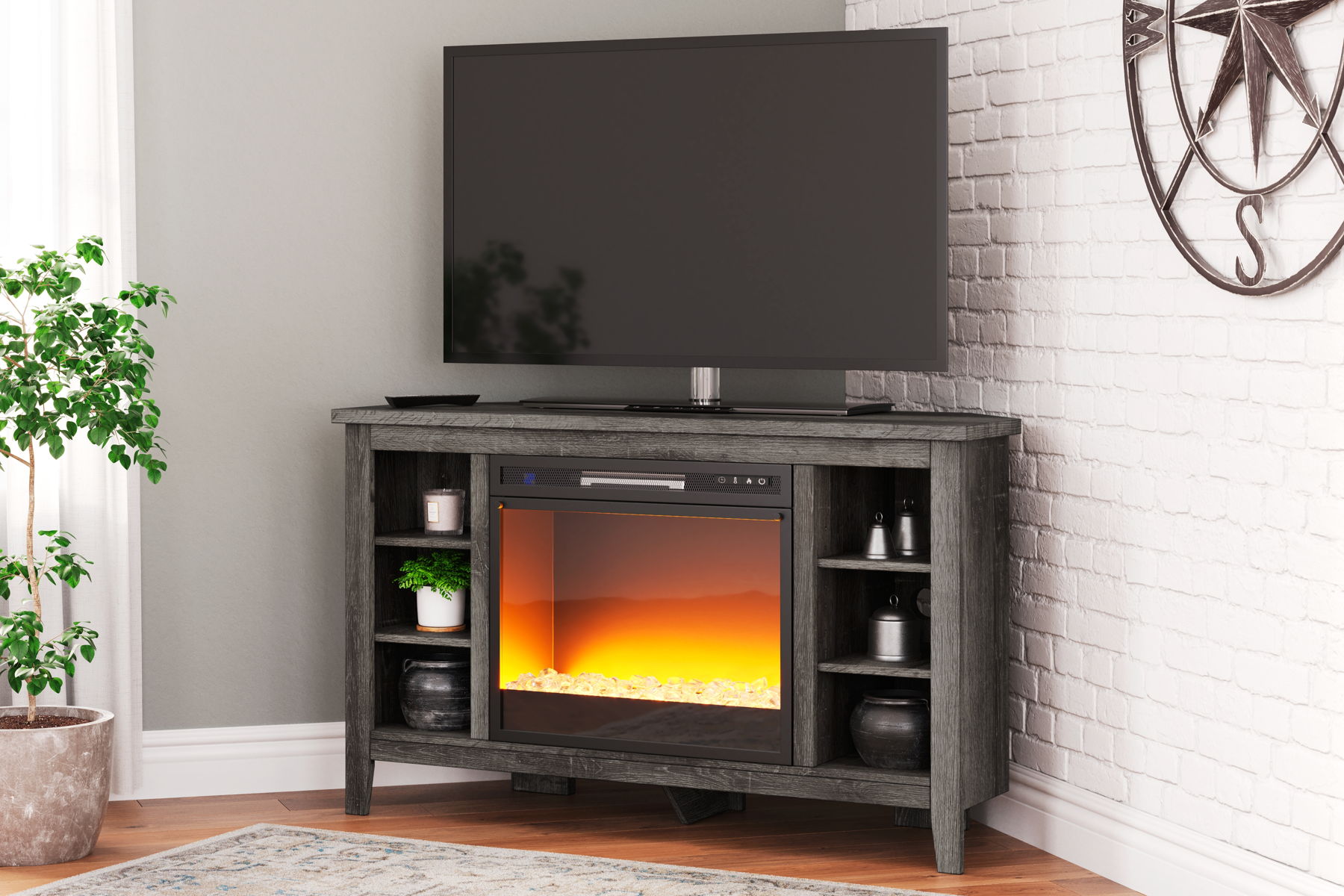 Arlenbry – Gray – Corner TV Stand With Glass/Stone Fireplace Insert