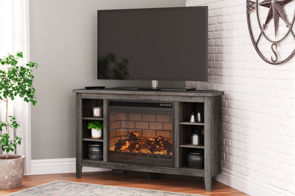 Arlenbry – Gray – Corner TV Stand With Faux Firebrick Fireplace Insert