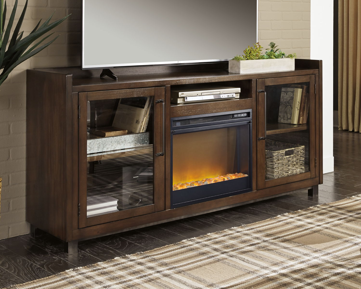 Starmore – Brown – 70″ TV Stand With Glass/Stone Fireplace Insert