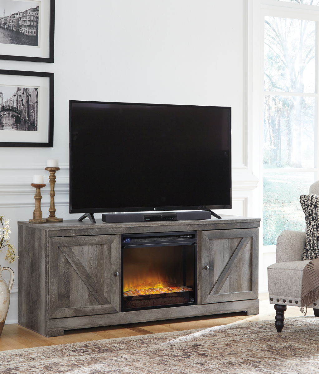 Wynnlow – Gray – 63″ TV Stand With Glass/Stone Fireplace Insert