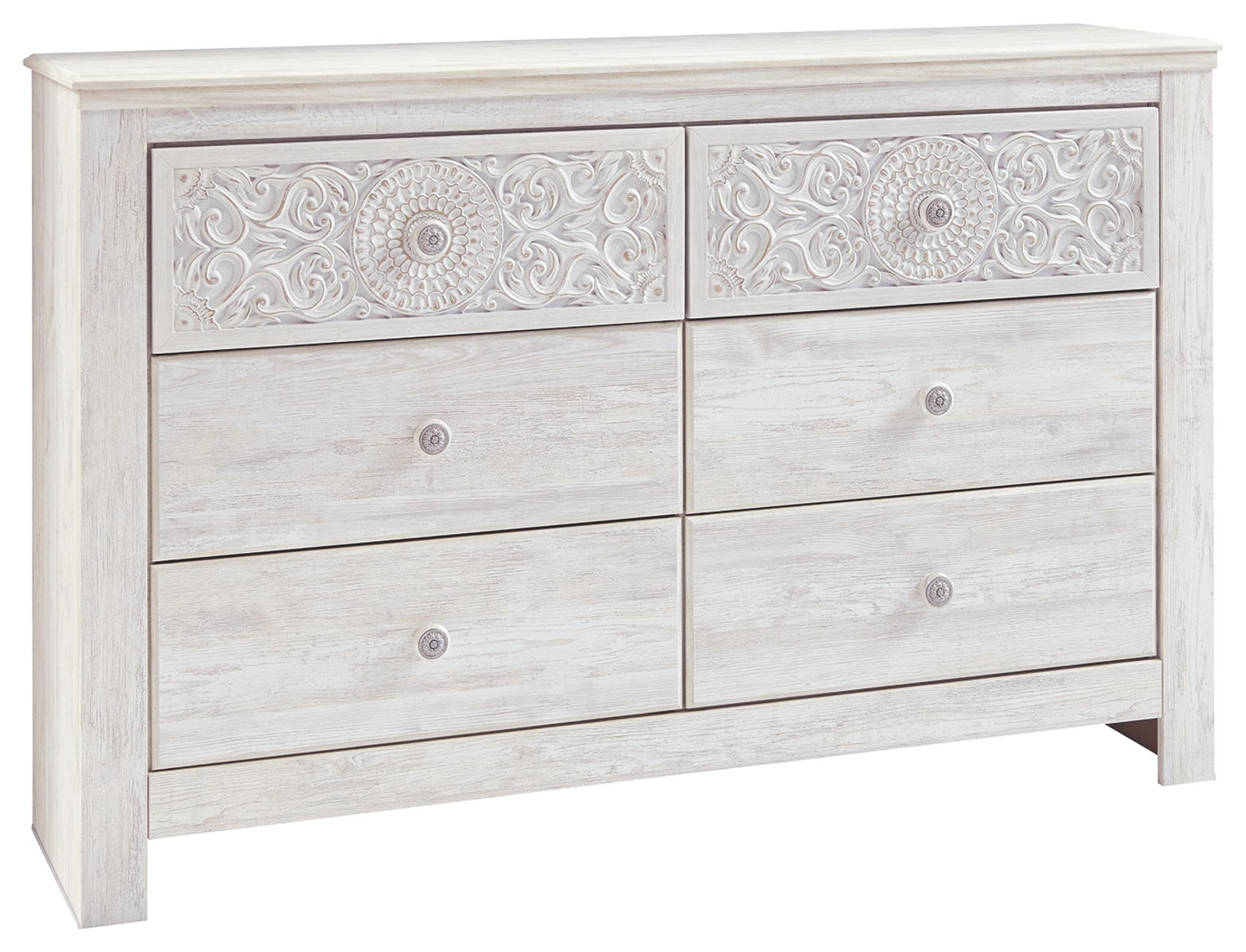 Paxberry – Whitewash – Six Drawer Dresser – Medallion Drawer Pulls