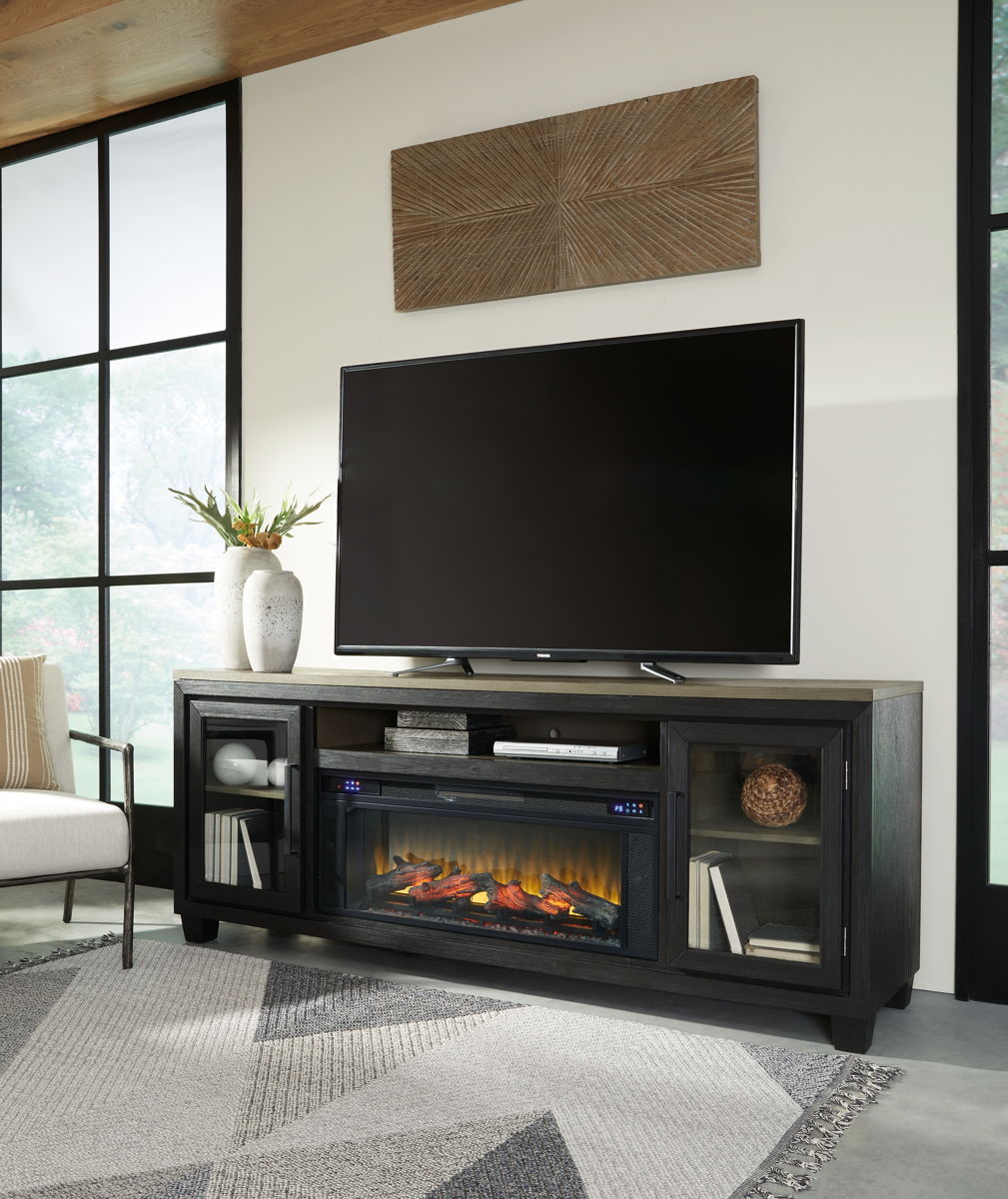 Foyland – Black / Brown – 83″ TV Stand With Electric Infrared Fireplace Insert