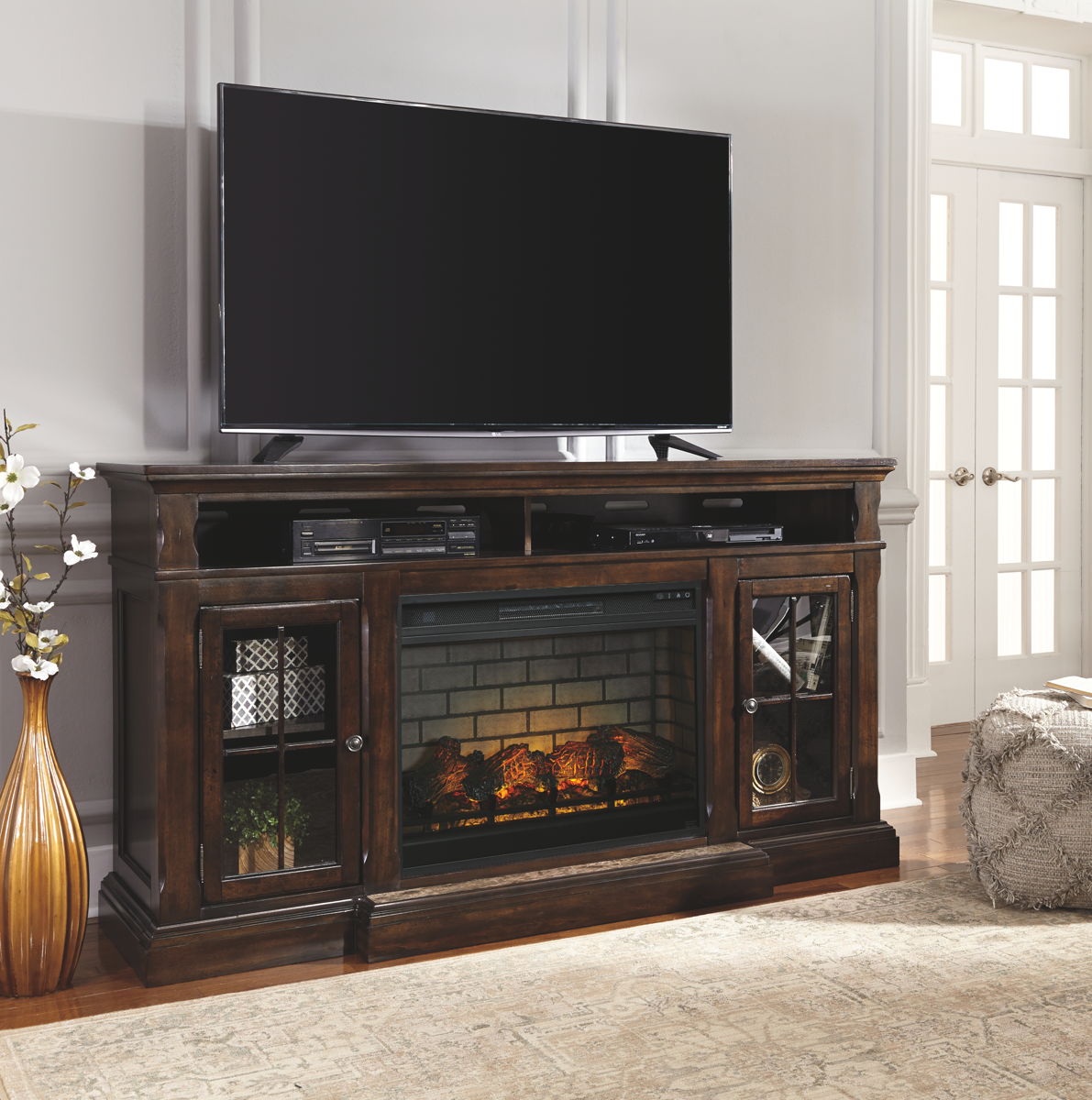 Roddinton – Dark Brown – 2 Pc. – 74″ TV Stand with Electric Infrared Fireplace Insert