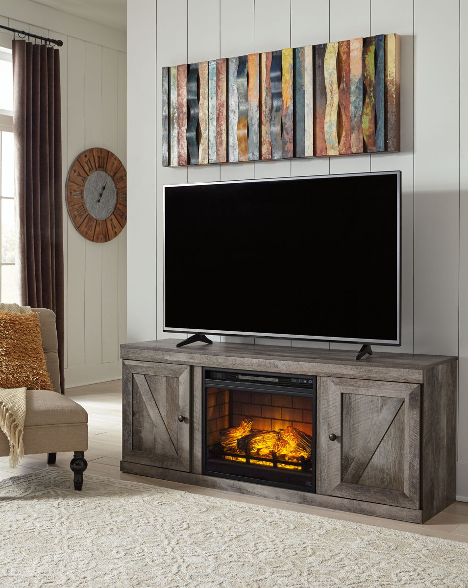 Wynnlow – Gray – TV Stand With Faux Firebrick Fireplace Insert