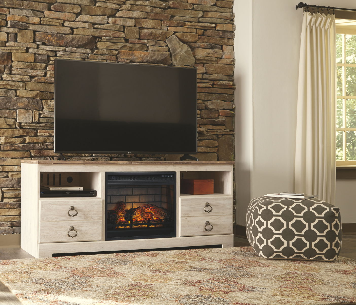 Willowton – Whitewash – 2 Pc. – 64″ TV Stand with Faux Firebrick Fireplace Insert