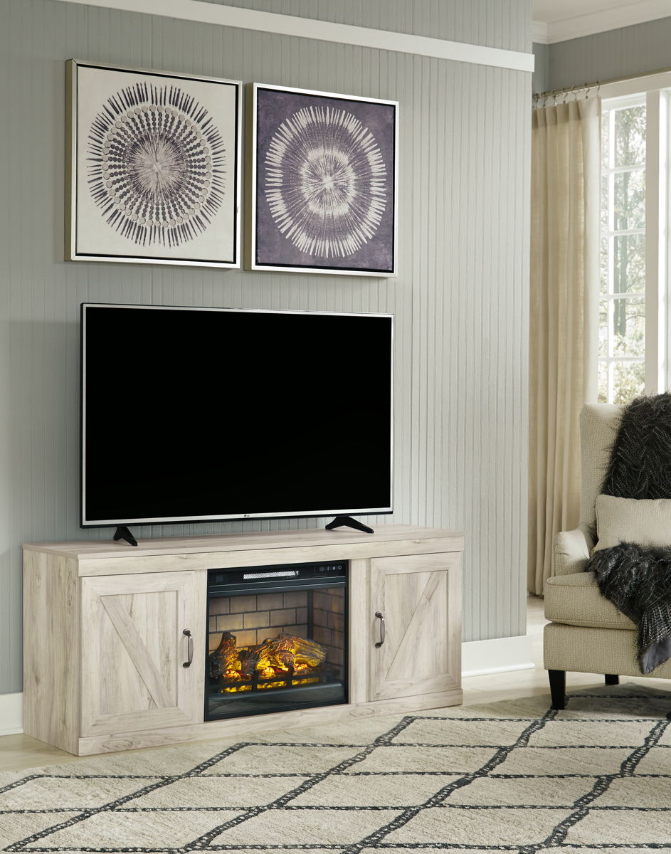 Bellaby – Whitewash – TV Stand With Faux Firebrick Fireplace Insert