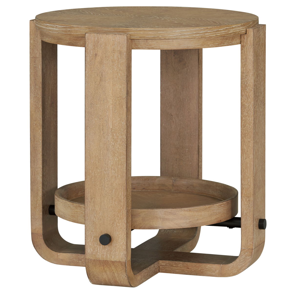 Escape – Round End Table With Shelf – Glazed Natural Oak Black Metal Trim