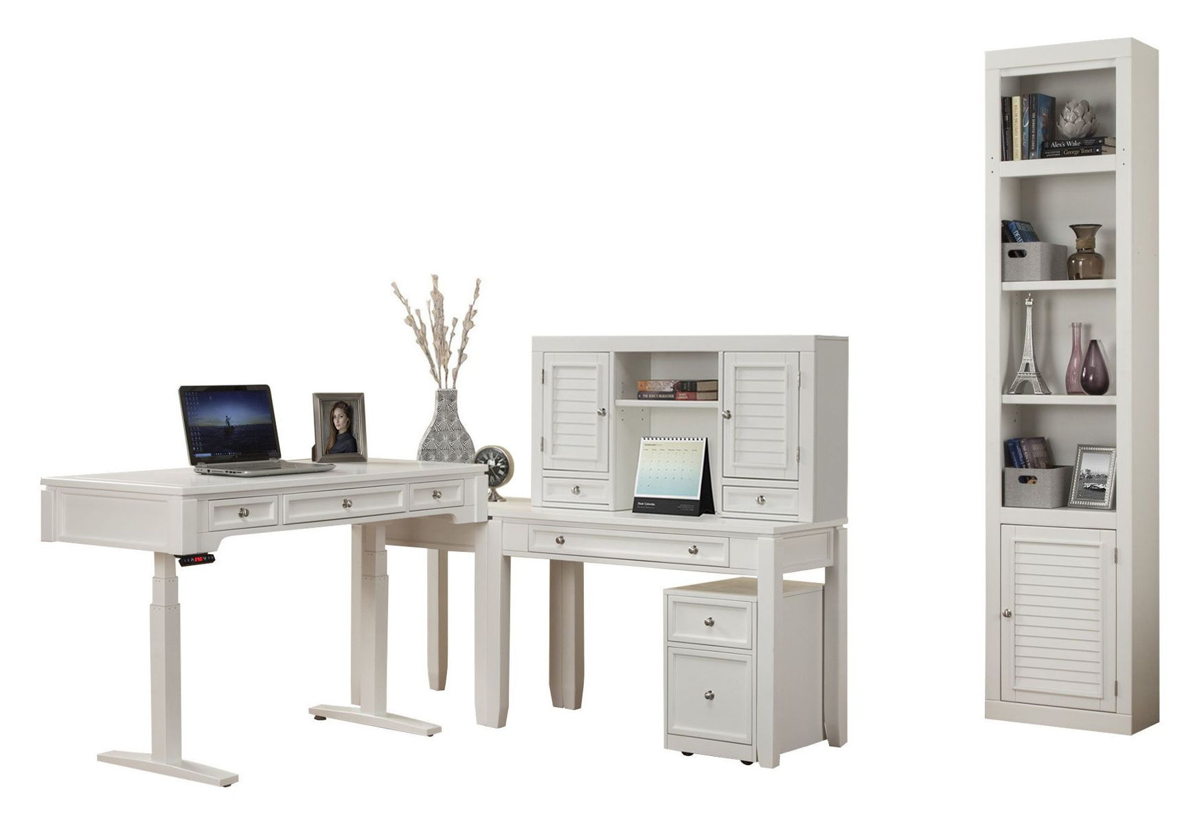 Boca – Power Lift L Desk With Hutch File And Bookcase – Cottage White