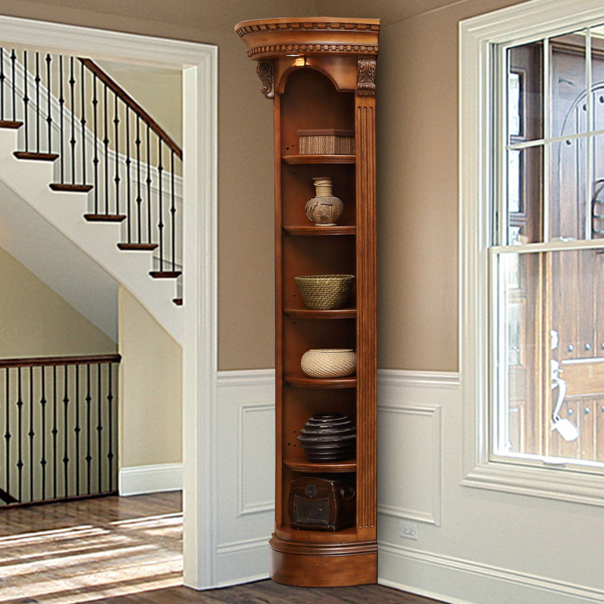 Huntington – Outside Corner Bookcase – Antique Vintage Pecan