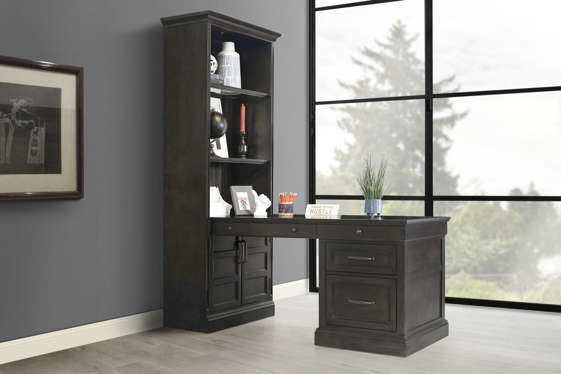 Shoreham – Bookcase With Peninsula Desk – Medium Roast