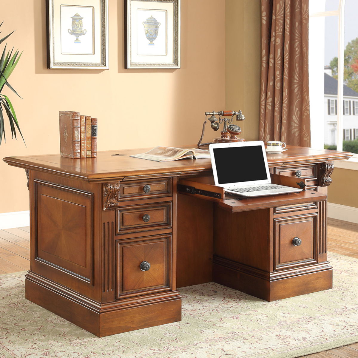 Huntington – Double Pedestal Executive Desk – Antique Vintage Pecan