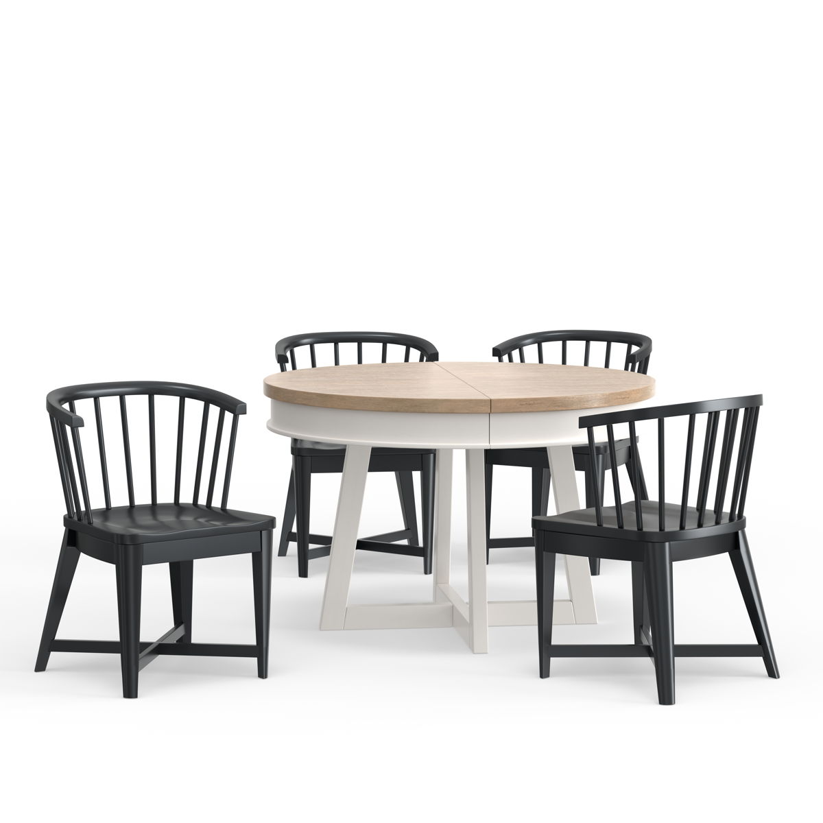 Americana Modern Dining – 48-66″ Round Dining Table And 4 Barrel Chairs – Cotton