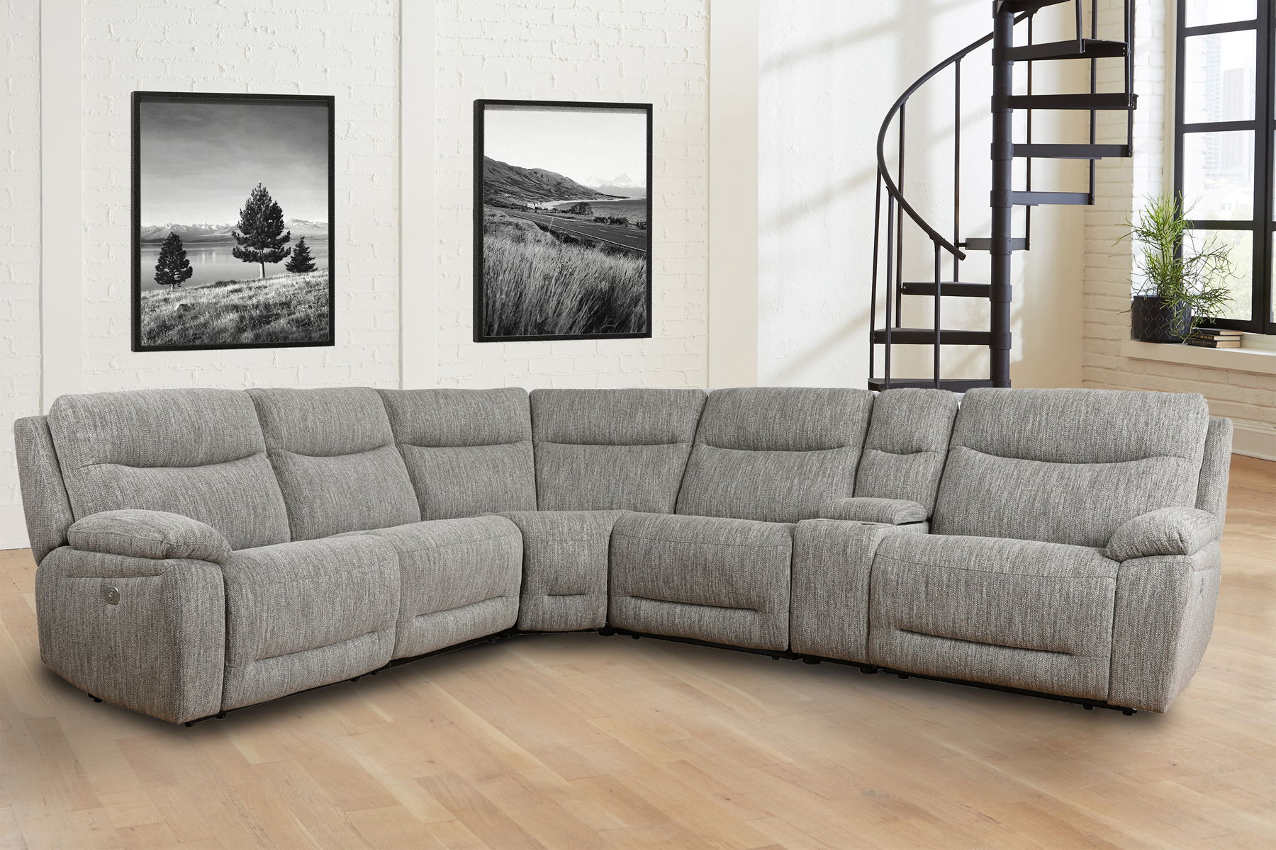 Apollo – 6 Piece Modular Power Reclining Sectional with Zero Gravity Recliners and Power Headrests and an Entertainment Console – Weave Grey