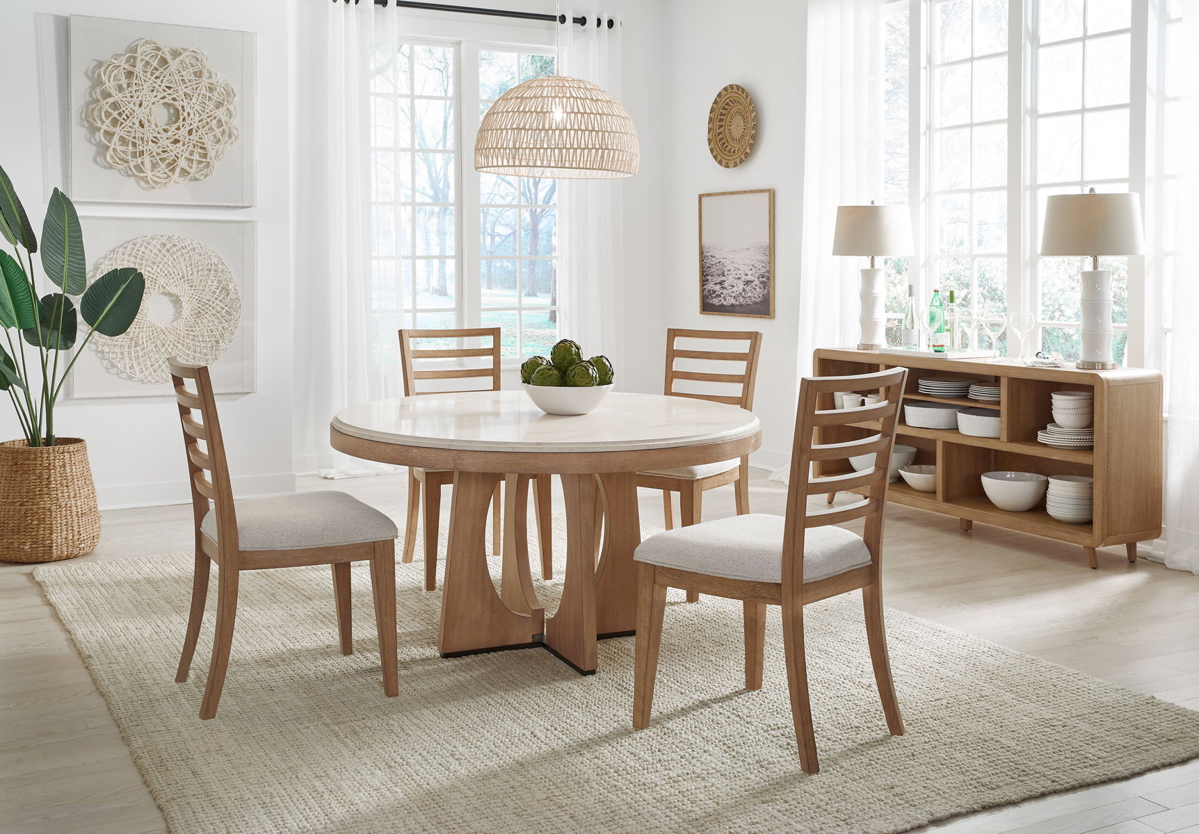 Escape – Dining 54 In. Round Table With 4 Ladderback Chairs – Mirage Mist