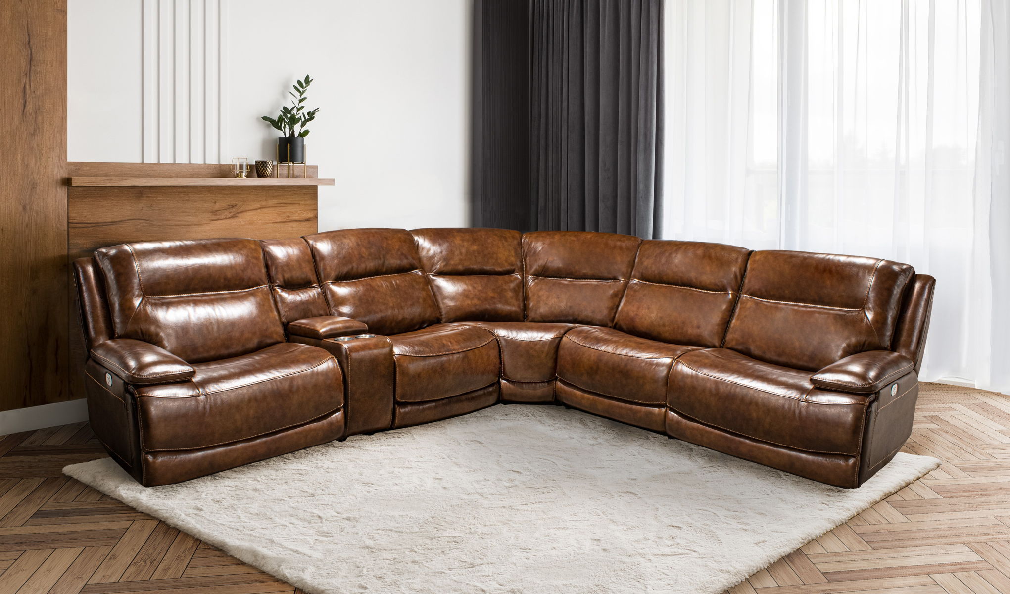 Colossus – 6 Piece Modular Power Reclining Sectional with Zero Gravity Recliners and Power Headrests and an Entertainment Console – Napoli Brown