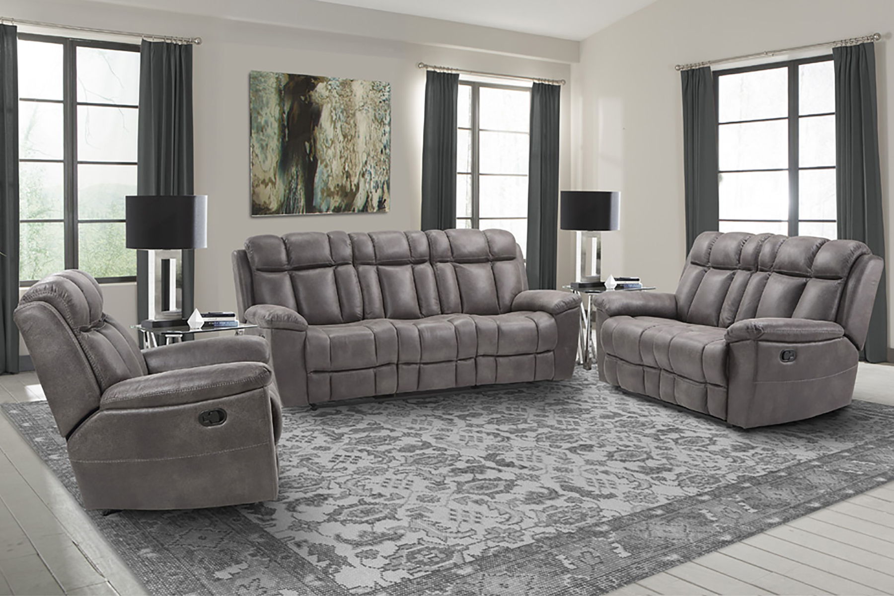 Goliath – Manual Reclining Sofa Loveseat And Recliner – Arizona Grey