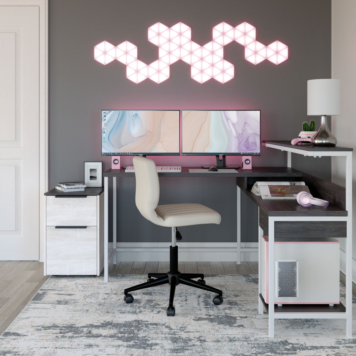 Dorrinson – White / Black / Gray – L-Desk with Storage